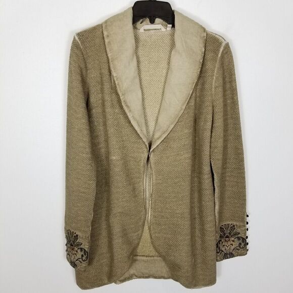 SOFT SURROUNDINGS Women Knit  Embroidered Jacket Sz M Scroll Tapestry Sage Green - Picture 2 of 7